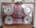 Schylling Toy Tea Set Butterfly Pink Flowers - 24 Pcs Wicker Case Picnic Basket