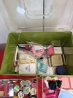 Vtg Wil-hold Sewing Box Avocado Green Clear Tray Thread Buttons Notions Huge Lot