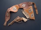Vtg 1940s-50s Hubley Texan Cast Iron Cap Gun Pistol  as Is    Leather Holster 