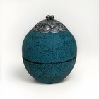 Mango Wood Trinket Box Ornate Silver Tone Bell Accents Teal Round 5    Keepsake