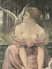 Antique Textile Painting On Linen Women W  Doves Rare Late 19th C  ooak  26x44  