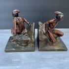 Antique Native American Indian Bookend Statues C1920s Seated Figure Gilded Set 2