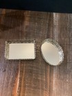 Vintage Set Of 2 Small Gold Tone Filigree Mirror Vanity Trays Rectangle   Oval