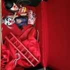 Traveling Wooden Case Clowns  Puppets Marionettes Ladder Red Curtains Stage 