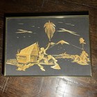 Vtg Asian Pictures Mcm Set Of 2 Bamboo Straw Art Ship Cabin Palm Trees 12x17   