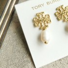 Tory Burch Britton Logo Gold White Pearl Drop Earrings On-trend Jewelry