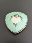Antique Heart-shaped Powder Compact W pale Green Guilloch   Enamel   Floral Motif