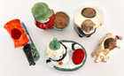 5 Vintage Ceramic Pin Cushions Made In Japan Clown Horse Girl Boy   Luster Dog