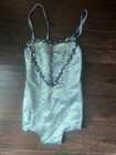 Vtg 1960s Blue Satin Dance Costume W Sequin Cotton Back Showgirl One Piece Small