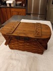 Vintage Mcm Wicker Picnic Basket Wooden Handle Flip Up Top Large Farmhouse Decor
