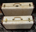 Vintage 1950s Suitcase Luggage Set Of 2 Cream Burgundy Hard Case Mid Century