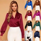 New Ladies Ol Work Satin Silk V Neck Long Sleeve Casual Blouse Shirt Top