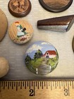 Vintage Mixed All Wood Button Lot Hand Painted Scenic Faces Art Deco Barrels 27p