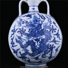 12 8   chinese Xuande Marked Blue White Porcelain Dragon Binaural Flat Bottle Vase