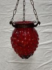 Vintage   Antique Hanging Candle Lamp Ornate    Brass And Wine Red Glass Lantern