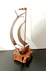 Vintage Brass Metal Sail Boat Sculpture On Wood Base Mcm Nautical Ship 12 