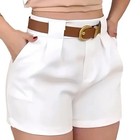 Women   s Solid High-waist Bermuda Shorts W  Belt Buckle   Pockets Black white