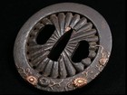 Tsuba Chrysanthemum Carving Inlay Japanese Iron Sword Guard Edo Antique  no Box