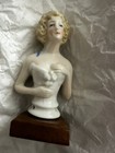 Antique German Half Doll Porcelain Pin Cushion Top Blue Headband