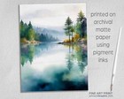 Misty Lake Painting Print  Peaceful Foggy Lake Foggy Forest Watercolor Art Print