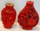 Set 2 Carved Chinese Red Cinnabar Signed Antique Perfume Snuff Bottles No Caps