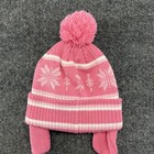 Roffz Norway Hat Beanie Fitted Kids 44-46 Pink Snowflake Ear Flap Pom Pom Tassel
