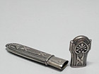 Victorian French Egyptian Revival Sterling Silver Sewing Needle Case Lotus Motif
