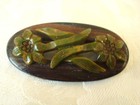 Vintage Art Deco Wood Pin Brooch Carved Marbled Green Bakelite Flowers Kj