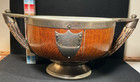 Antique Wood Silver Plate English Trophy Bowl With Deer Antler Handles Ceramic