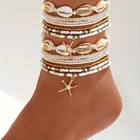 14pcs Women Elegant Boho Beaded Anklet Golden Accents  Starfish  Shell Bracelet