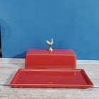 Boston Warehouse Trading Red Ceramic Butter Dish Pewter Rooster Country Kitchen
