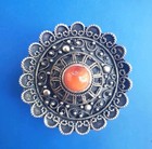 Vintage Silver Tone Pill Trinket Box With  Orange Stone