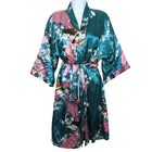 New Satin Kimono Dressing Robe Knee Length Peacock Cherry Blossom Belt Womens 1x