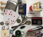 C3 Vintage Junk Drawer Lot Coins  Spoons  Jewelry  Dice  Keychains  Collectibles