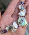 Vtg Sajen 925 Sterling Silver Abalone Amethyst Mother Of Pearl Collar Necklace