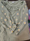 Girls Green Ribbed Knit Long Sleeve Ruffle Crew Neck Floral Top 2-3y