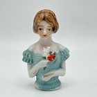 Antique Pin Cushion Half Doll Porcelain Art Deco Lady Brown Hair 2  Japan