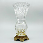 Vintage Crystal Cut Glass Trumpet Vase Pinwheel   Starburst W ornate Metal Base