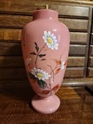 Antique Bohemian Harrach Pink Art Glass Vase Enameled Flowers 10 75  Tall