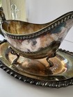 Vintage Wilcox Ashley Silverplate Gravy Boat With  Tray     Ornate Footed