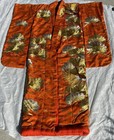 Antique Japanese Wedding Kimono Uchikake Orange Silk  Embroidered Gold Cranes 