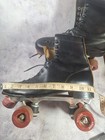 Vintage Black Leather Roller Skates With Red Wheels   Metal Plate 11 Inches Long