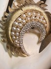 Vtg Crown Trifari Crescent Pearl Rhinestone Pin Brooch   Earrings Set Lot 
