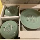 Vintage   Korean Celadon Soft Green Glaze Flying Crane Tea Cup Set   Nib