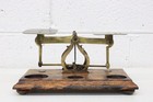 Vtg Brass Postal Rates For Letters Scale W  Weights On Wooden Base