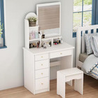5-drawers White Makeup Vanity Sets Wood Dressing Desk With Mirror  Stool And 3-t
