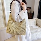 Boho Hollow Out Straw Tote Bag Wooden Bead Handle Summer Beach Shoulder Bag