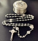 Silver Rose Bead St benedict Rosary Italy Crucifix Catholic Necklace Cross Box