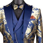 Vinci Men s Navy   Gold Jacquard 3pc Modern Tuxedo W  Bow-tie - New