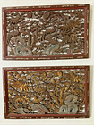 Pair Of Antique Chinese Large Hanging Hand Carved Wood Panels With Inlaid 